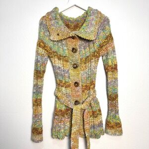 RARE Vtg Free People Multi Color Space Dye Chunky Knit Belt Cardigan Sweater XS